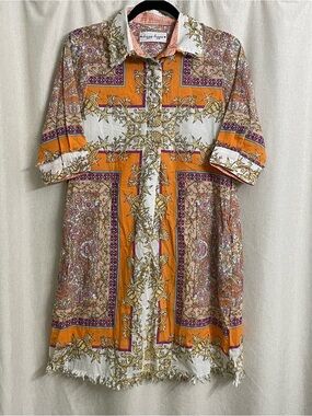 Dizzy Lizzie Coastal Print Tunic Dress XS 100% Cotton Fringe Hem